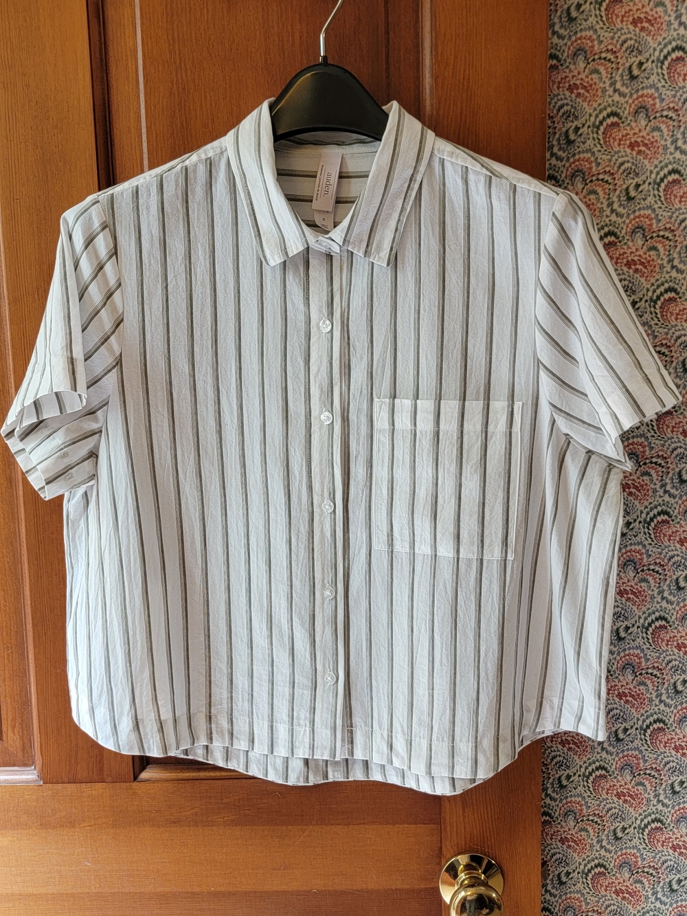 Auden Target Striped Boxy Pajama Top Medium White Olive Green Cotton Button Down